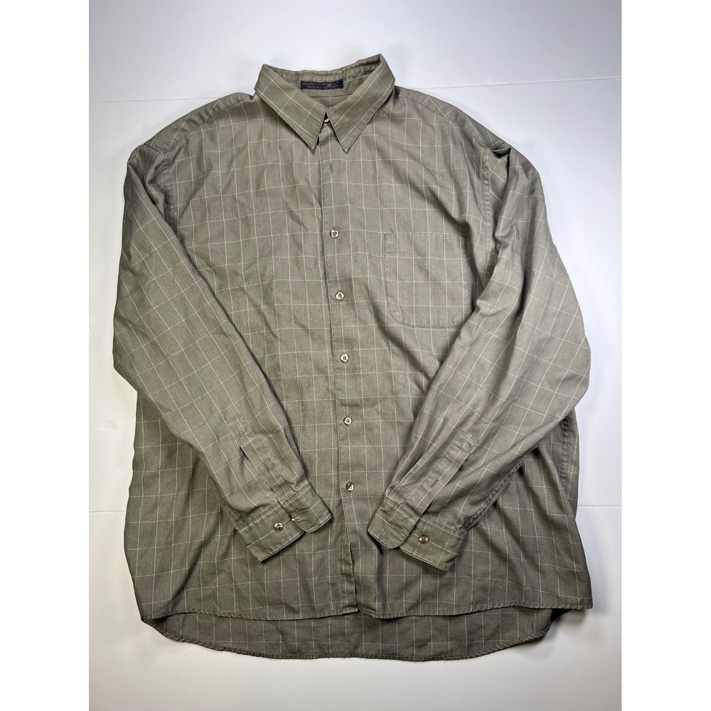 Perry Ellis Portfolio Button Down Mens XXL Olive Grey Windowpane Plaid LS Shirt